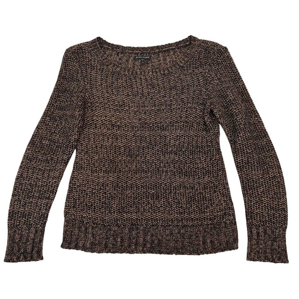 EILEEN FISHER Metallic Brown Gold Knit Pullover Loose Knit Sweater XS